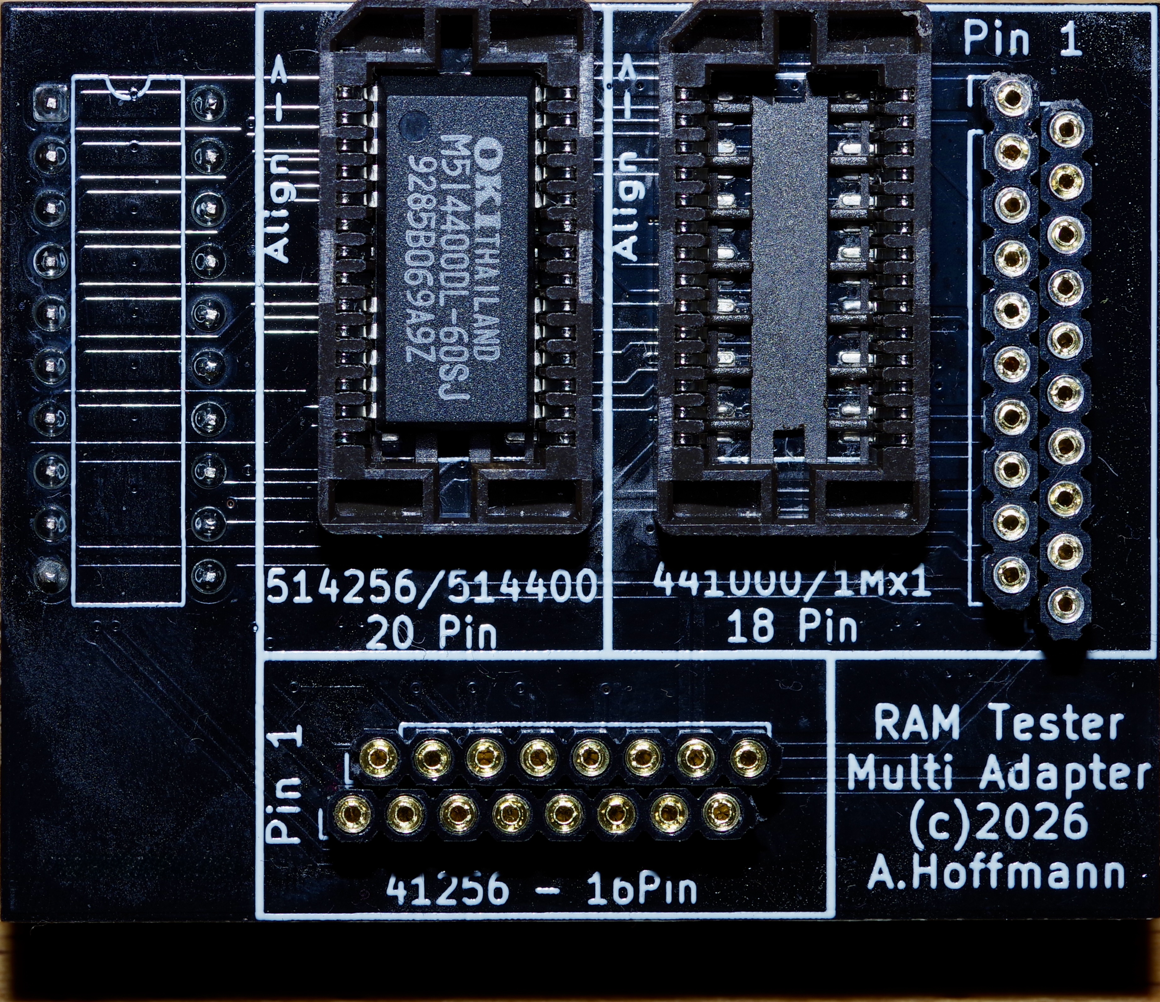 SOJ adapter for the RAM Tester — tests desoldered surface-mount J-lead DRAM (514256, 514258, 514400, 514402, 441000) directly, no reflow needed